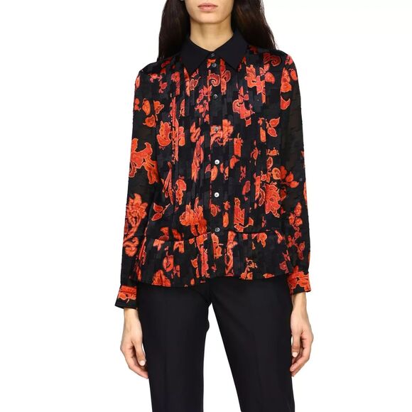 Tory Burch Printed Pleated Shirt Womens 4 Black Red Paisley Button Up $498 NWT - Picture 2 of 10
